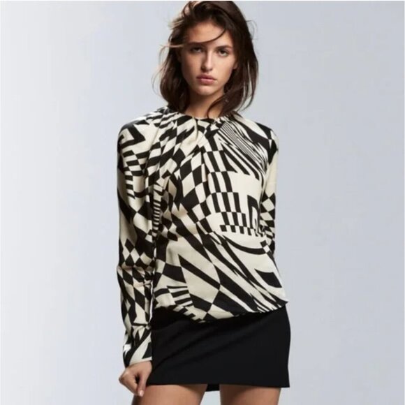 GORGEOUS ZARA SILK EFFECT BLOUSE BLACK AND WHITE. SIZE M - Picture 2 of 8